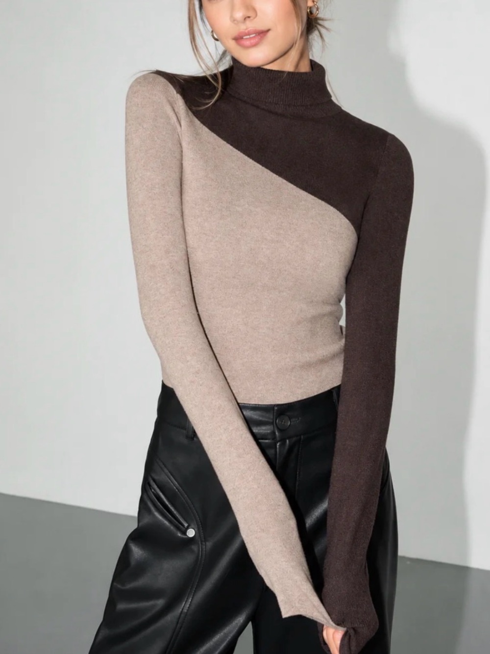 NWT Commense Asymmetric Patchwork Long Sleeve Mock Neck Knit Top